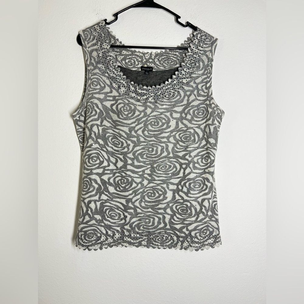 Chances R Floral Knit Sleeveless Top Size L Silver Black